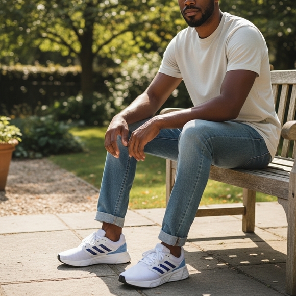 NIB Adidas Galaxy 6 Men's Running Shoes Size 10 White Blue Three Stripes - Picture 2 of 16